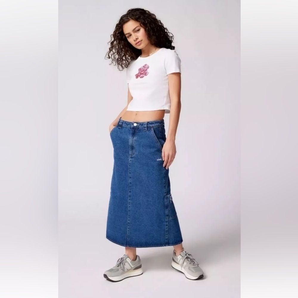 OBEY Denim Midi Skirt Juniper Blue Size 28